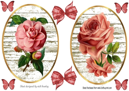 Two lovely Blush Roses with butterflies toppers/card fronts