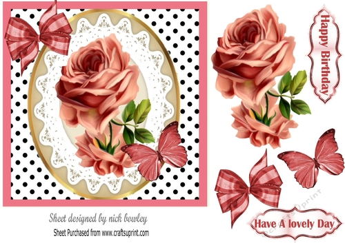 Pretty blush rose on lace with polkadots and striped bows 7x7
