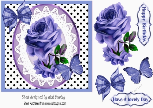 Pretty blue rose on lace with polkadots and striped bows 7x7