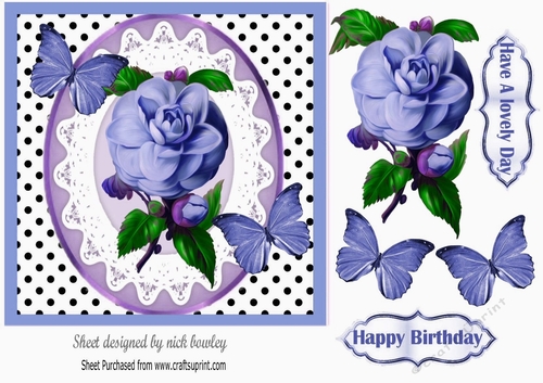 Pretty blue rose on lace with polkadots and butterflies 7x7