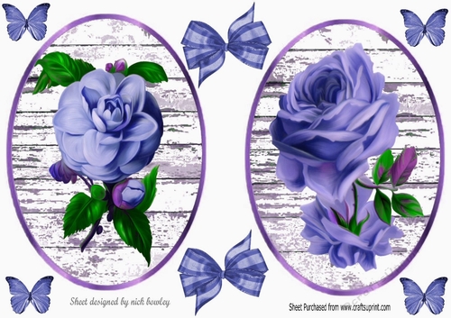 Two lovely blue Roses with butterflies/bows toppers/card fronts