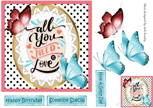 All you need is love, pretty cardfront with lace and butterflies 7x7