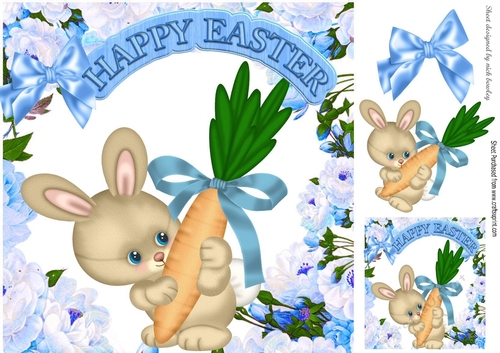 Cute bunny with carrot and flowers blue bow 8x8
