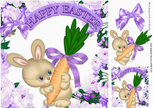 Cute bunny with carrot and flowers purple bow 8x8