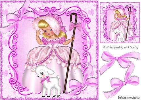 Pretty bo peep in cerise with little lamb in ornate frame with bows 8x8