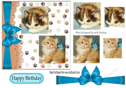playful kittens with turq bow and pyramids 7x7