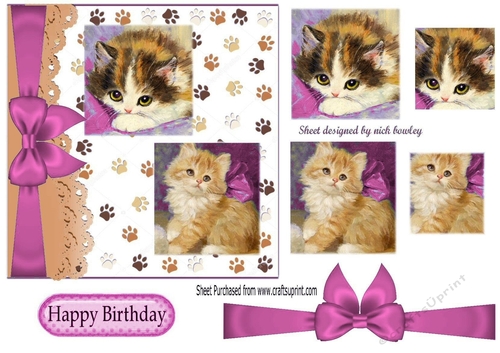 playful kittens with pink bow and pyramids 7x7