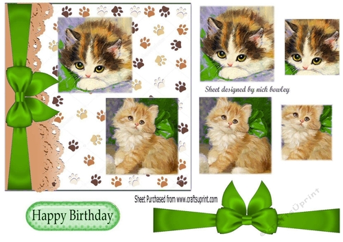 playful kittens with green bow and pyramids 7x7