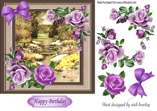 Pretty garden in a frame with purple roses 7x7