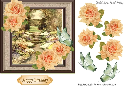 Pretty garden in a frame with peach roses 7x7