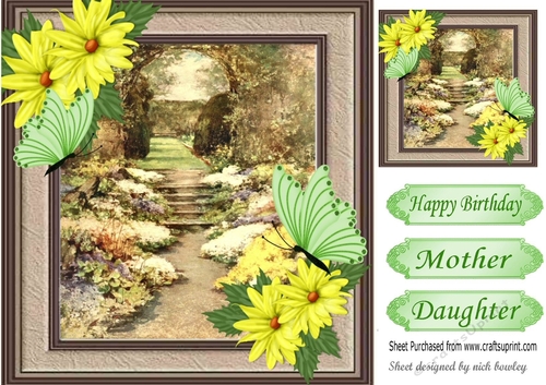 Pretty garden in a frame with yellow flowers & butterflies 8x8