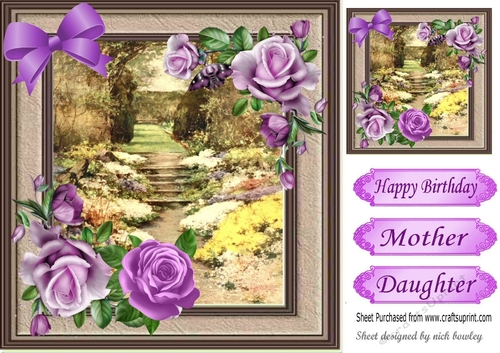 Pretty garden in a frame with purple roses & butterflies 8x8