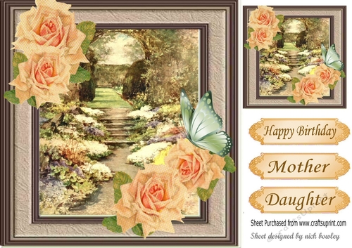 Pretty garden in a frame with peach roses & butterflies 8x8