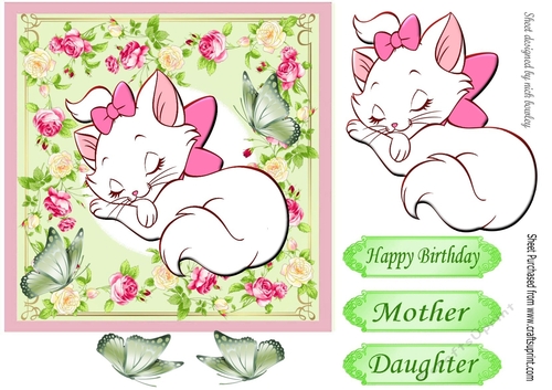 Kitty sleeping in pink bow with butterflies in flower frame 7x7