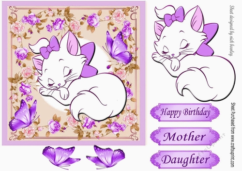 Kitty sleeping in purple bow with butterflies in flower frame 7x7