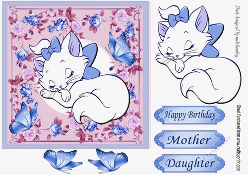 Kitty sleeping in blue bow with butterflies in flower frame 7x7