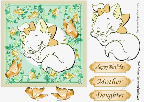 Kitty sleeping in gold bow with butterflies in flower frame 7x7