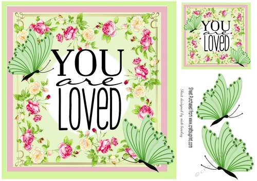 YOU ARE LOVED! in pretty floral frame with green butterflies 8x8