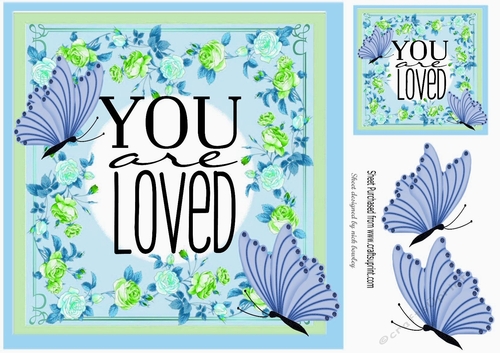 YOU ARE LOVED! in pretty floral frame with blue butterflies 8x8