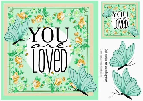 YOU ARE LOVED! in pretty floral frame with turq butterflies 8x8