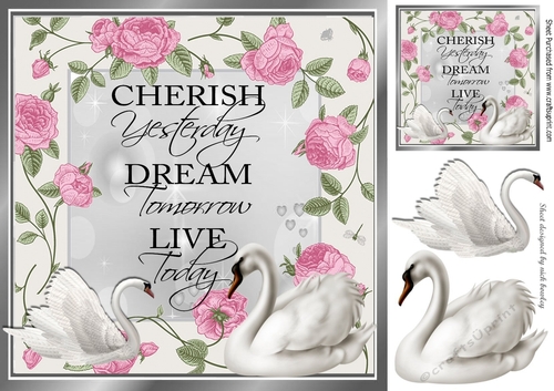 Pretty pink roses with swans 8x8 