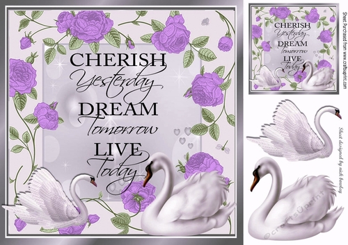 Pretty purple roses with swans 8x8
