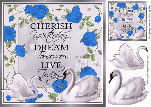 Pretty shades of blue  roses with swans 8x8