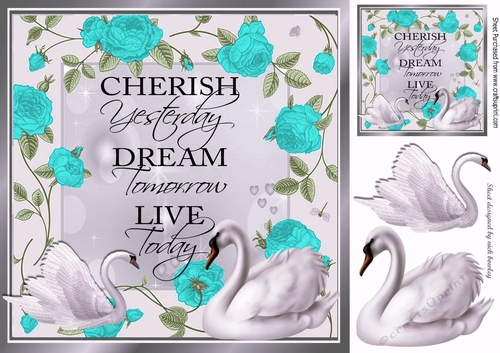 Pretty turq roses with swans 8x8