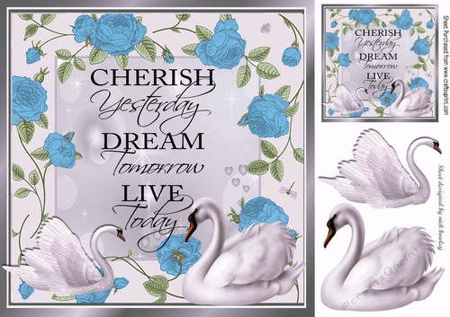 Pretty light blue roses with swans 8x8