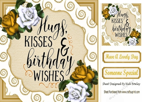 pretty gold/white roses in sparkle scroll 8x8 card front