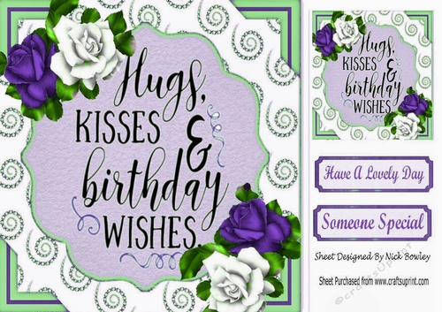 pretty purple/white roses in sparkle scroll 8x8 card front