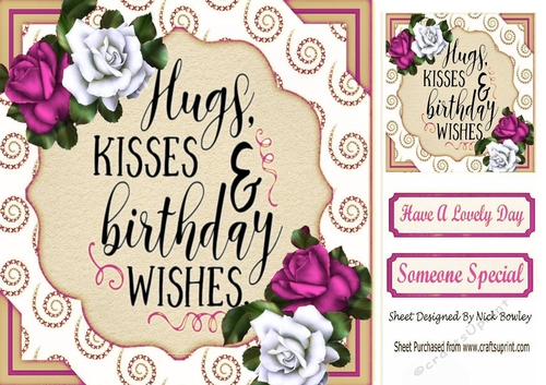 pretty cerise/white roses in sparkle scroll 8x8 card front