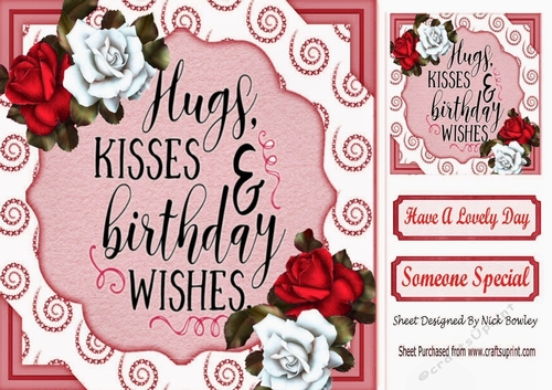 pretty red/white roses in sparkle scroll 8x8 card front