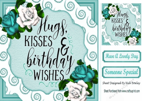 pretty turq/white roses in sparkle scroll 8x8 card front