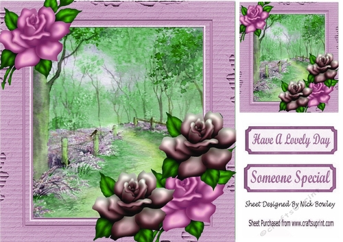 Lilac woodland in cardboard frame with pink roses 8x8