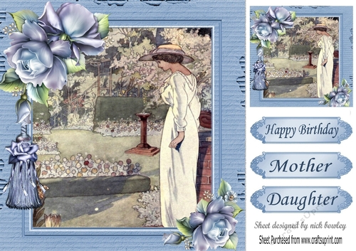 Lovely vintage lady in garden with blue roses 8x8