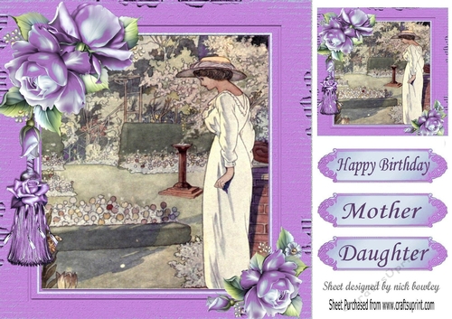 Lovely vintage lady in garden with purple roses 8x8