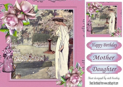 Lovely vintage lady in garden with pink roses 8x8