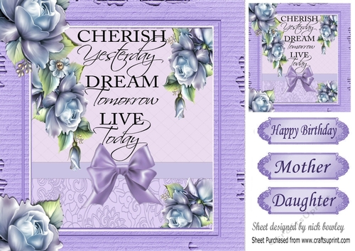blue roses with purple bow with sentiment card front 8x8