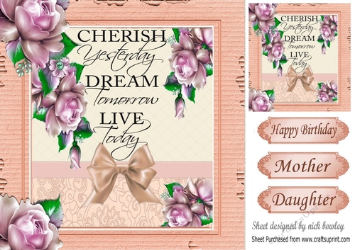 pretty roses with peach bow with sentiment card front 8x8