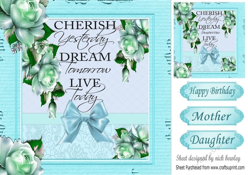 pretty roses with turq bow with sentiment card front 8x8