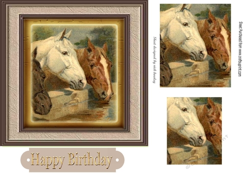 Three lovely horses drinking in a frame 7x7 with pyramids