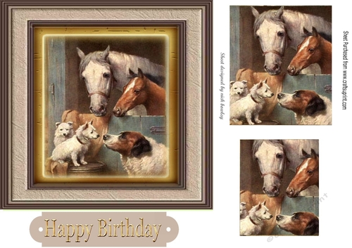   horses in the stable with puppies in a frame 7x7 with pyramids
