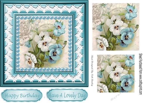 Pretty blue pansies with pearls lace in 7x7 frame with pyramids