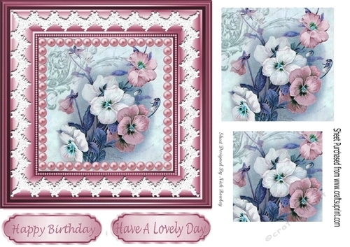 Pretty pink pansies with pearls lace in 7x7 frame with pyramids