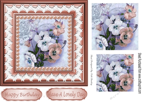 Pretty peach pansies with pearls lace in 7x7 frame with pyramids