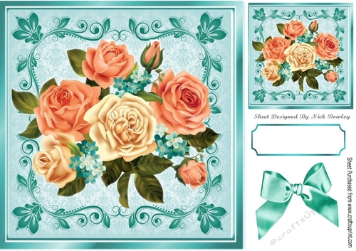 pretty, peach/cream/turq roses with bow in 8x8 frame