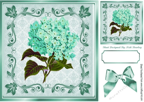Pretty turq hydrangea in ornate frame with bow 8x8