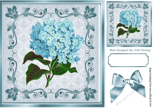 Pretty blue hydrangea in ornate frame with bow 8x8