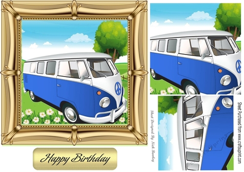  Blue Campervan in the meadows in ornate 7x7 frame with pyramids